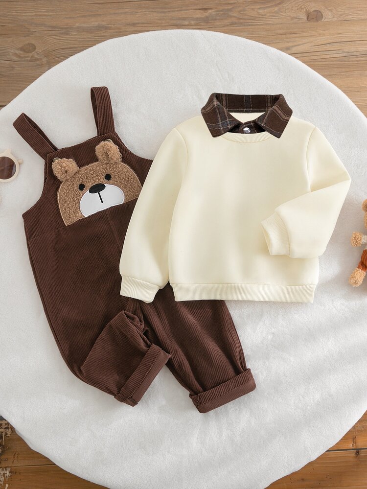 SHEIN Baby Boy Knitted Solid Color Patchwork Patch Collar Casual Sweatshirt And Woven Bear Patch Casual Suspender Long Autumn Winter Pants 2 Pieces Set - Multicolor - View 3