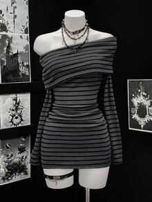Bitrose Women's Fashionable Grey Plaid Striped Long Sleeve Dress Night Out Going Out Autumn Grunge - Multicolor - View 3