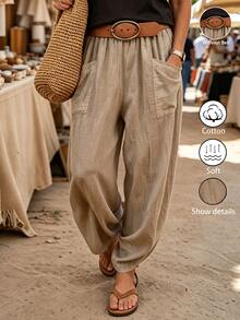 Breezaya 2026 New Autumn/Winter European & American Retro Pure Cotton Cuffed Harem Pants For Women, Elastic High Waist With Large Patch Pockets, Loose Casual Carrot Pants, Washed Linen Vacation Style, Lazy Slimming Flattering Long Pants For Outdoor & Commute - Khaki - View 1