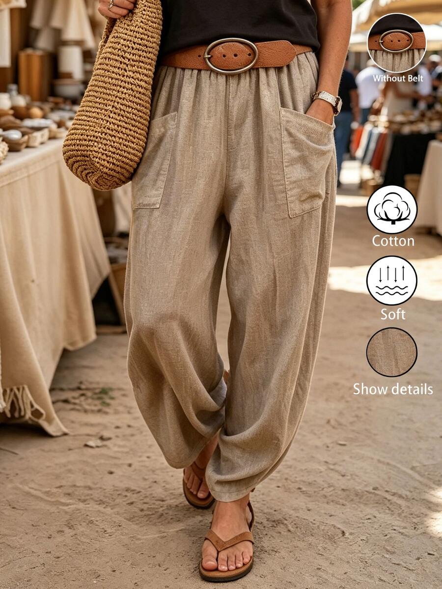 Breezaya 2026 New Autumn/Winter European & American Retro Pure Cotton Cuffed Harem Pants For Women, Elastic High Waist With Large Patch Pockets, Loose Casual Carrot Pants, Washed Linen Vacation Style, Lazy Slimming Flattering Long Pants For Outdoor & Commute - Khaki - View 1