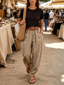 Breezaya 2026 New Autumn/Winter European & American Retro Pure Cotton Cuffed Harem Pants For Women, Elastic High Waist With Large Patch Pockets, Loose Casual Carrot Pants, Washed Linen Vacation Style, Lazy Slimming Flattering Long Pants For Outdoor & Commute - Khaki - View 3
