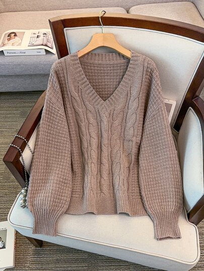 GlowEve CURVE Women's V-Neck Cable Knit Sweater, Loose Fit Pullover Knit Top, Slouchy New Arrival