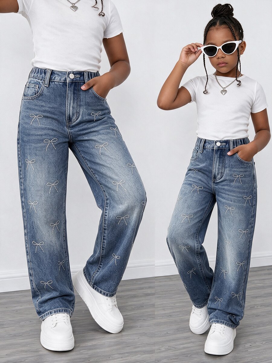 SHEIN Explorewe 青少年女孩 Y2K 風格秋冬新品 中藍色復古寬腿蝴蝶造型水鑽時尚休閒水洗牛仔長褲 百搭多場合 - 藍色 - 查看 1