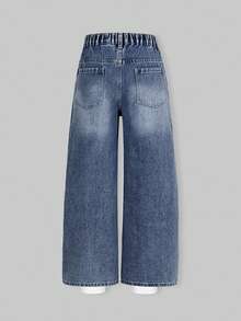 SHEIN Explorewe 青少年女孩 Y2K 風格秋冬新品 中藍色復古寬腿蝴蝶造型水鑽時尚休閒水洗牛仔長褲 百搭多場合 - 藍色 - 查看 2