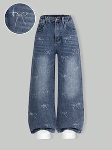 SHEIN Explorewe 青少年女孩 Y2K 風格秋冬新品 中藍色復古寬腿蝴蝶造型水鑽時尚休閒水洗牛仔長褲 百搭多場合 - 藍色 - 查看 3