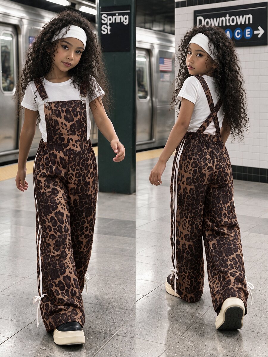 SHEIN Bộ jumpsuit họa tiết da báo retro cho nữ thiếu niên mùa xuân, trang phục đi chơi ngày lễ, phong cách thường ngày thanh lịch ôm sát thoải mái, mặc hằng ngày và dự tiệc trang trọng, màu nâu Sixth Form