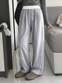 SHEIN Tween Girls Wide Leg Straight 1pc Tween Girl Loose Casual Sports Sweatpants, Solid Color Athletic Pants Fall Winter, Minimalist, Back To School - Grey - View 2