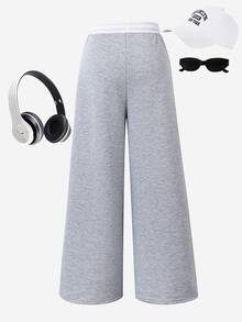 SHEIN Tween Girls Wide Leg Straight 1pc Tween Girl Loose Casual Sports Sweatpants, Solid Color Athletic Pants Fall Winter, Minimalist, Back To School - Grey - View 3