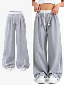 SHEIN Tween Girls Wide Leg Straight 1pc Tween Girl Loose Casual Sports Sweatpants, Solid Color Athletic Pants Fall Winter, Minimalist, Back To School - Grey - View 4
