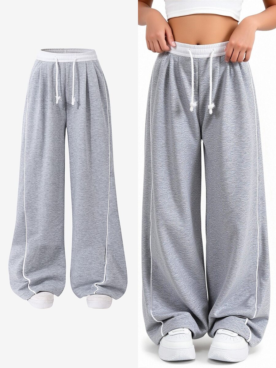 SHEIN Tween Girls Wide Leg Straight 1pc Tween Girl Loose Casual Sports Sweatpants, Solid Color Athletic Pants Fall Winter, Minimalist, Back To School - Grey - View 1