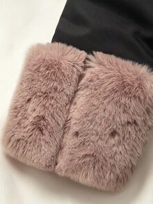 SHEIN 女童黑色中長款連帽人造毛飾邊收腰加厚外套 毛絨門襟袖口 寬鬆版型 日系可愛 適合冬季上學、外出、夜店 - 黑色 - 查看 4