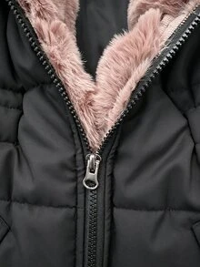 SHEIN 女童黑色中長款連帽人造毛飾邊收腰加厚外套 毛絨門襟袖口 寬鬆版型 日系可愛 適合冬季上學、外出、夜店 - 黑色 - 查看 6