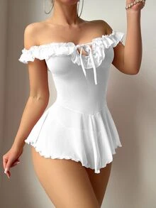 SHEIN 性感網紗露肩荷葉邊深V領綁帶洋裝兩件套 - 白色 - 查看 3