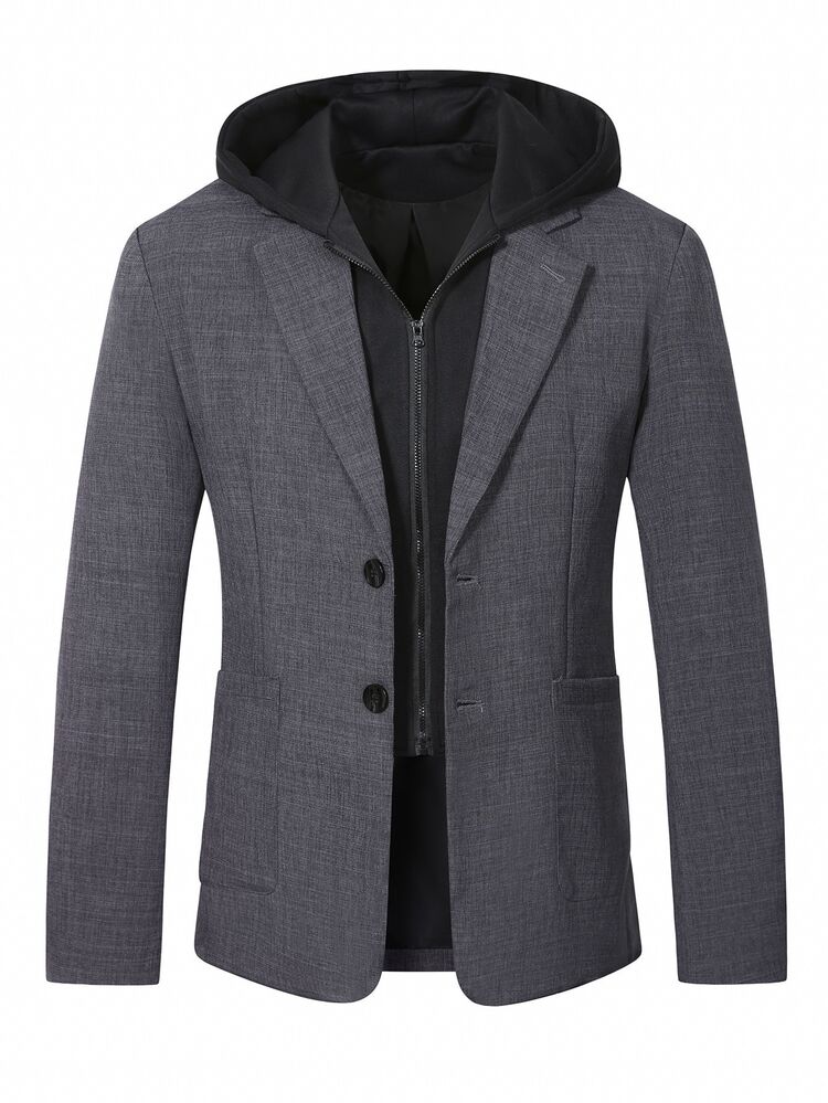 Manfinity Mode Men's Old Money Dark Grey Colorblock Hooded 2 In 1 Suit Blazer, Casual Textured Two-Button Loose Fit Versatile Commuter Blazer, Formal - Dark Grey - View 6