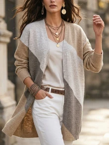 SHEIN Cardigan Panjang Rajut Kasual Serbaguna Wanita dengan Motif Garis Diagonal Blok Warna, Cocok untuk Dipakai di Musim Gugur/Musim Dingin - Khaki - View 2