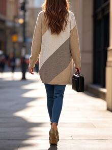 SHEIN Cardigan Panjang Rajut Kasual Serbaguna Wanita dengan Motif Garis Diagonal Blok Warna, Cocok untuk Dipakai di Musim Gugur/Musim Dingin - Khaki - View 5