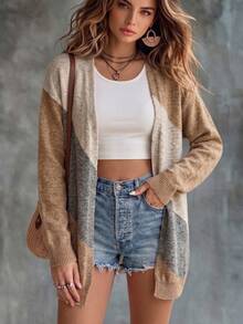SHEIN Cardigan Panjang Rajut Kasual Serbaguna Wanita dengan Motif Garis Diagonal Blok Warna, Cocok untuk Dipakai di Musim Gugur/Musim Dingin - Khaki - View 3