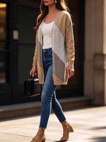 SHEIN Cardigan Panjang Rajut Kasual Serbaguna Wanita dengan Motif Garis Diagonal Blok Warna, Cocok untuk Dipakai di Musim Gugur/Musim Dingin - Khaki - View 7