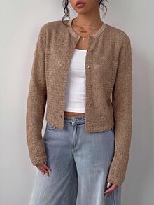 SHEIN BASICS 女款優雅休閒鏤空鈕扣針織薄款開襟衫 日常穿搭 駝色 秋季 - 卡其色 - 查看 4