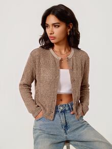 SHEIN BASICS 女款優雅休閒鏤空鈕扣針織薄款開襟衫 日常穿搭 駝色 秋季 - 卡其色 - 查看 3