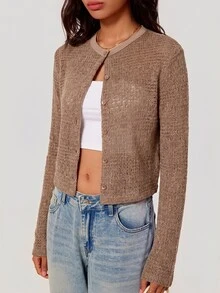 SHEIN BASICS 女款優雅休閒鏤空鈕扣針織薄款開襟衫 日常穿搭 駝色 秋季 - 卡其色 - 查看 5
