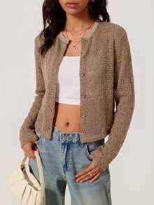 SHEIN BASICS 女款優雅休閒鏤空鈕扣針織薄款開襟衫 日常穿搭 駝色 秋季 - 卡其色 - 查看 8