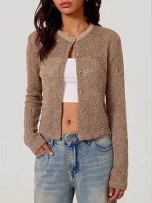 SHEIN BASICS 女款優雅休閒鏤空鈕扣針織薄款開襟衫 日常穿搭 駝色 秋季 - 卡其色 - 查看 7