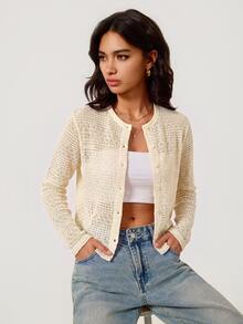 SHEIN BASICS Women's Minimalist Button Hollow Knit Thin Cardigan - Apricot - View 3