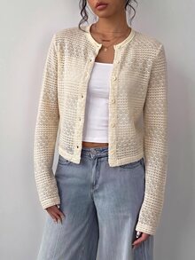 SHEIN BASICS Women's Minimalist Button Hollow Knit Thin Cardigan - Apricot - View 4