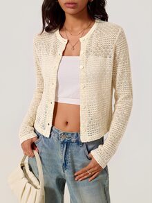 SHEIN BASICS Women's Minimalist Button Hollow Knit Thin Cardigan - Apricot - View 8