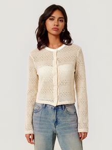 SHEIN BASICS Women's Minimalist Button Hollow Knit Thin Cardigan - Apricot - View 6