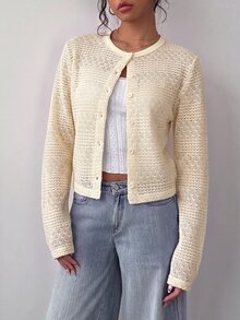 SHEIN BASICS Women's Minimalist Button Hollow Knit Thin Cardigan - Apricot - View 1