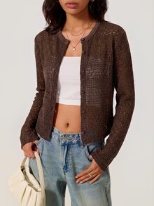 SHEIN BASICS 女款素色長袖單排扣休閒針織開襟衫 - 咖啡棕 - 查看 8