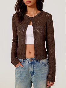 SHEIN BASICS 女款素色長袖單排扣休閒針織開襟衫 - 咖啡棕 - 查看 7