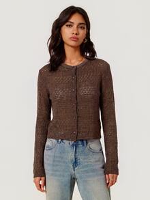 SHEIN BASICS 女款素色長袖單排扣休閒針織開襟衫 - 咖啡棕 - 查看 6
