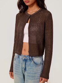 SHEIN BASICS 女款素色長袖單排扣休閒針織開襟衫 - 咖啡棕 - 查看 5