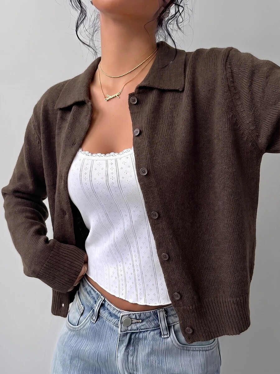 SHEIN BASICS 休閒法式純色長袖寬鬆短版女款開襟針織衫 秋季外套 返校季 校外穿搭 深棕色 教師 辦公室 - 咖啡棕 - 查看 1