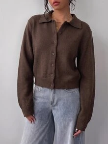 SHEIN BASICS 休閒法式純色長袖寬鬆短版女款開襟針織衫 秋季外套 返校季 校外穿搭 深棕色 教師 辦公室 - 咖啡棕 - 查看 9