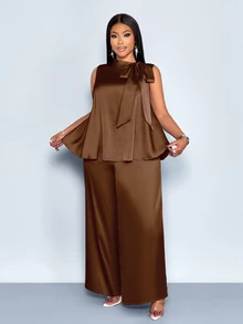 SOLERSUN Plus Size Women's Chocolate Brown Summer Elegant Office Formal Work Satin Two Pieces Set Sleeveless Hanging Neck Strap Top Wide Leg Pants Thanksgiving - Coffee Brown - View 5