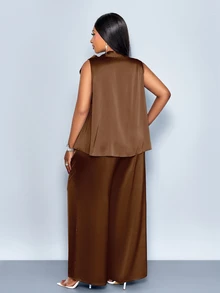 SOLERSUN Plus Size Women's Chocolate Brown Summer Elegant Office Formal Work Satin Two Pieces Set Sleeveless Hanging Neck Strap Top Wide Leg Pants Thanksgiving - Coffee Brown - View 4