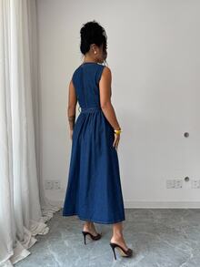 Elenzga French Style Commuter Single-Breasted Denim Tank Dress With Waist Tie, Flattering For Pear-Shaped Figures, Versatile Mid-Length Dress - Medium Wash - View 3