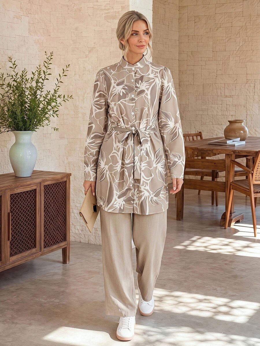 EMERY ROSE Belted Button Front Collar All Over Print Autumn Women Two Pieces Outfits Everyday Daytime Beige Modest Elegant Setup Autumn Winter Women - Multicolor - View 1
