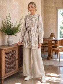 EMERY ROSE Belted Button Front Collar All Over Print Autumn Women Two Pieces Outfits Everyday Daytime Beige Modest Elegant Setup Autumn Winter Women - Multicolor - View 3