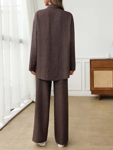 EMERY ROSE 女款純色落肩長袖單排扣襯衫與長褲休閒兩件套 - 咖啡棕 - 查看 2