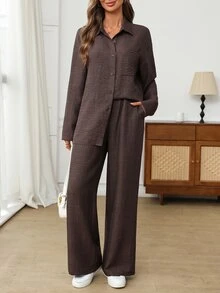 EMERY ROSE 女款純色落肩長袖單排扣襯衫與長褲休閒兩件套 - 咖啡棕 - 查看 4