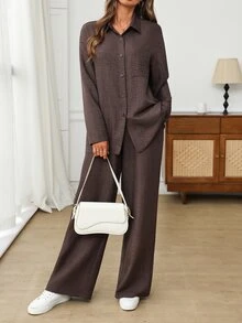 EMERY ROSE 女款純色落肩長袖單排扣襯衫與長褲休閒兩件套 - 咖啡棕 - 查看 8