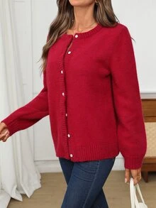 EMERY ROSE Women's Solid Color Long Sleeve Single-Breasted Casual Knit Cardigan - Red - View 10
