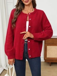 EMERY ROSE Women's Solid Color Long Sleeve Single-Breasted Casual Knit Cardigan - Red - View 5