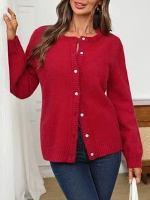 EMERY ROSE Women's Solid Color Long Sleeve Single-Breasted Casual Knit Cardigan - Red - View 9