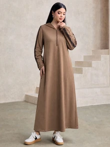 Graceveil Dress Sweatshirt Kasual Sopan Berkerudung Setengah Ritsleting Lengan Panjang Motif Colorblock untuk Sehari-hari dan Traveling Warna Cokelat Kopi Musim Gugur - Coklat - View 8